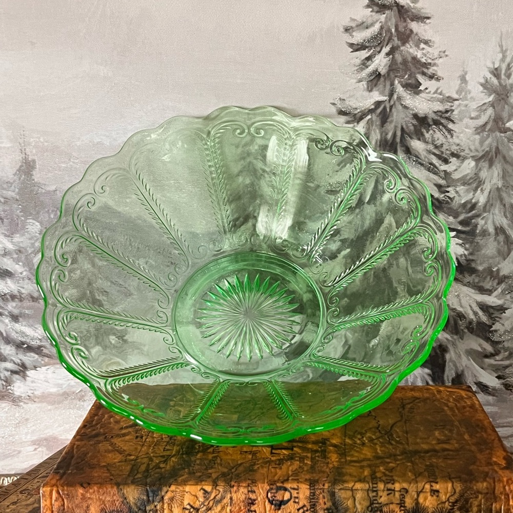 Vintage Uranium Glass Console Bowl 1930s Depression Glass Glows Under UV Light